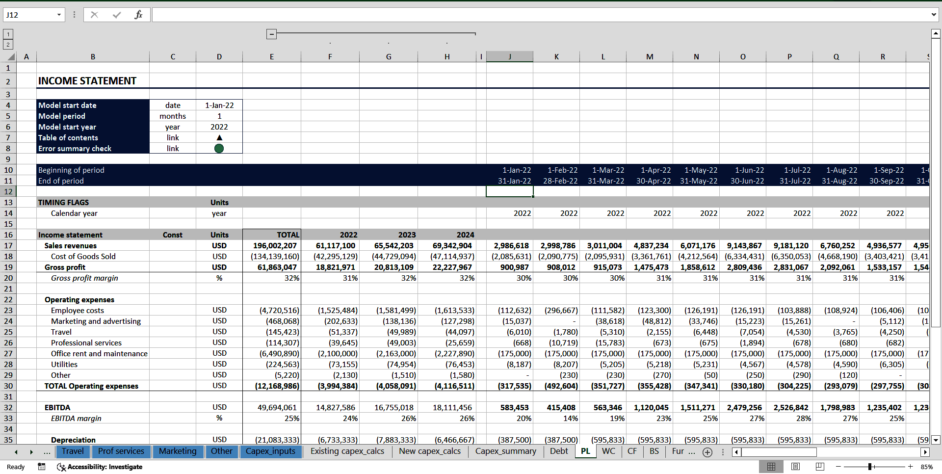 Complete Three-Statement Monthly Budget (for 3 Years) (Excel template (XLSX)) Preview Image