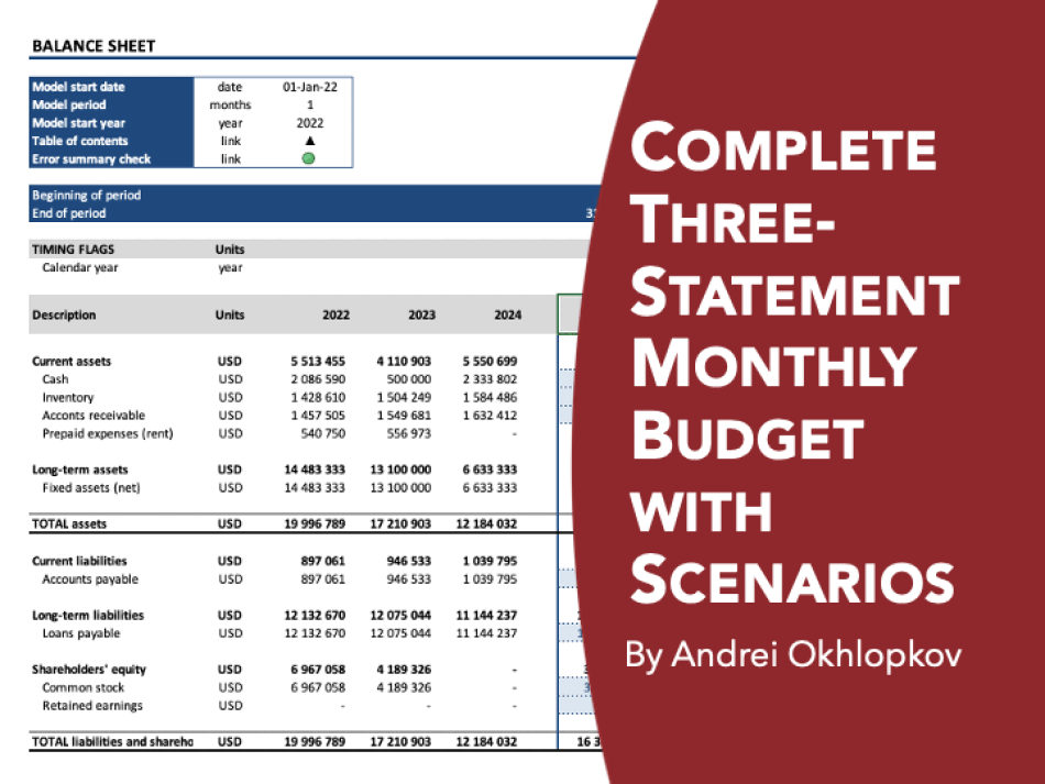 Complete Three-Statement Monthly Budget with Scenarios (Excel template (XLSX)) Preview Image