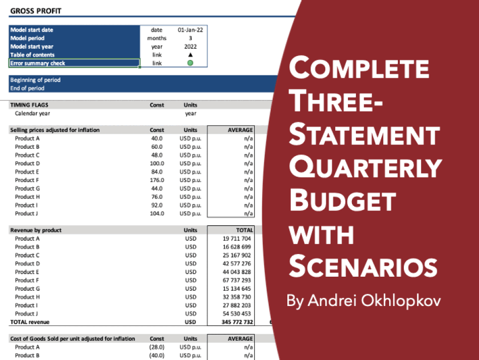 Complete Three-Statement Quarterly Budget with Scenarios (Excel template (XLSX)) Preview Image