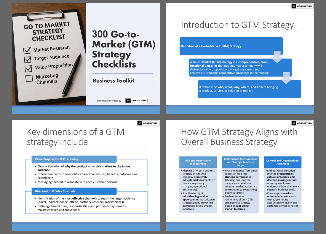 300 Go-to-Market (GTM) Strategy Checklists (502-slide PPT PowerPoint presentation slide deck (PPTX)) Preview Image