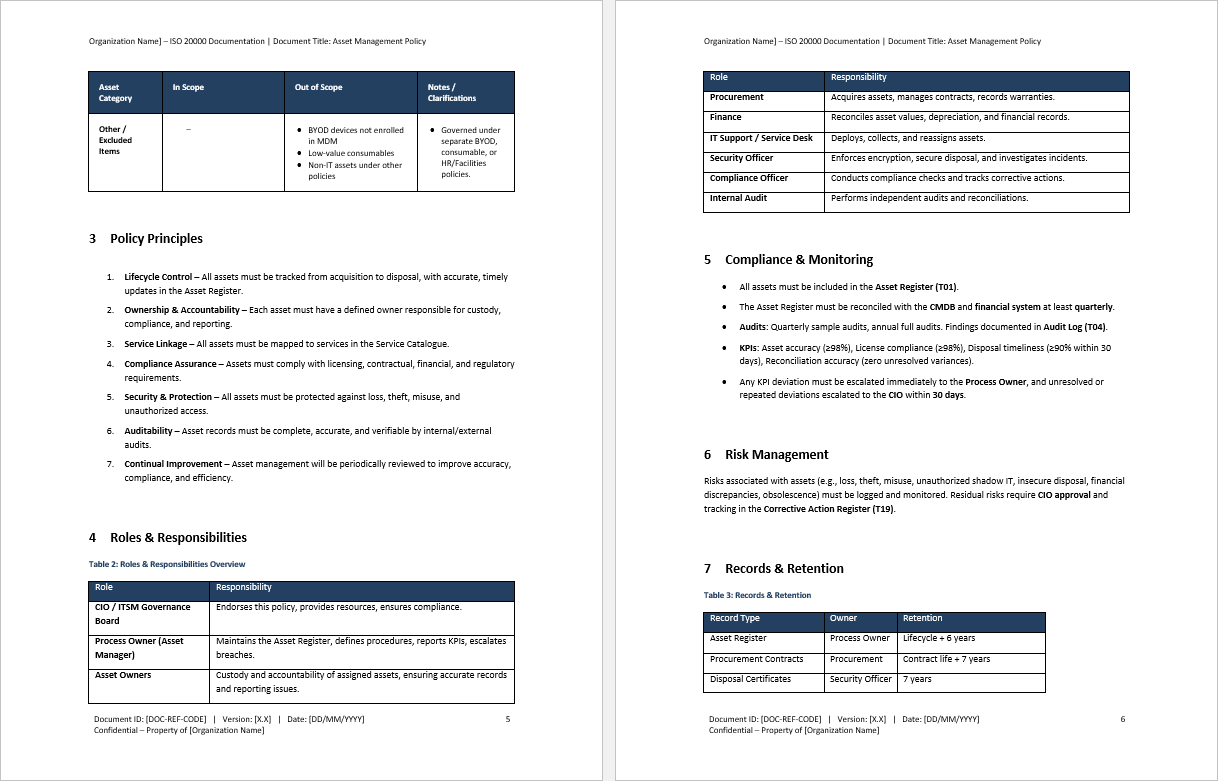 Asset Management Policy (ISO 20000:2018, ITIL Compliance) (7-page Word document) Preview Image