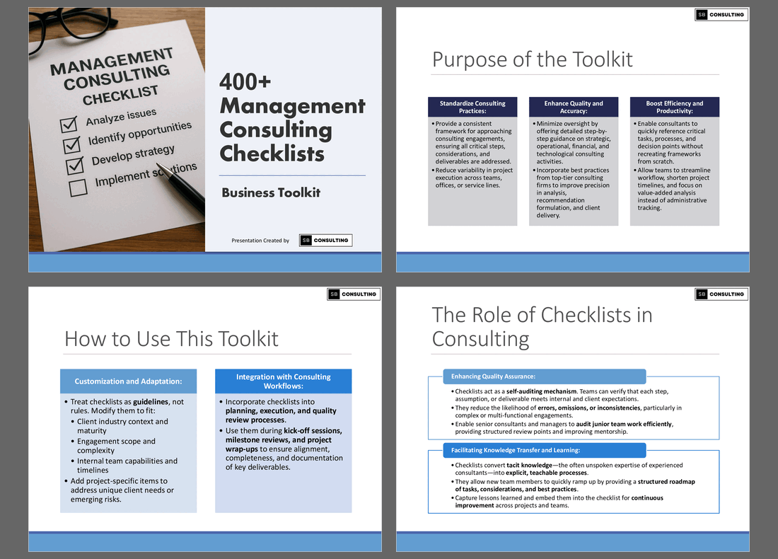 400+ Management Consulting Checklists (552-slide PPT PowerPoint presentation slide deck (PPTX)) Preview Image