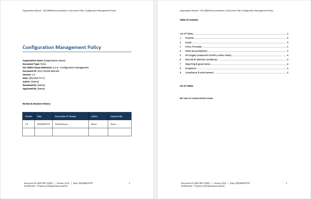 Configuration Management Policy (ISO/IEC 20000:2018, ITIL) (0-page Word document) Preview Image