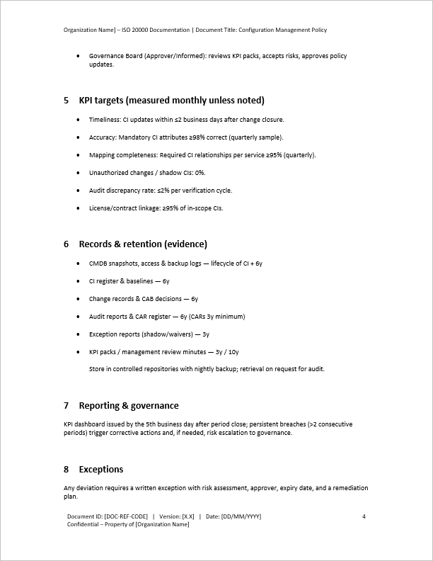 Configuration Management Policy (ISO/IEC 20000:2018, ITIL) (0-page Word document) Preview Image