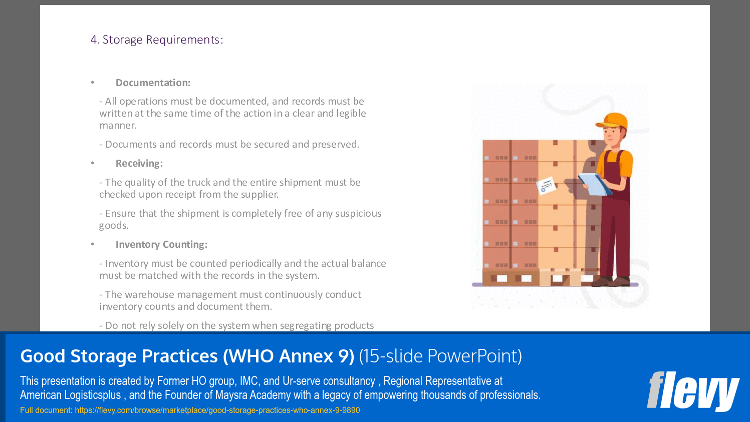 Good Storage Practices (WHO Annex 9) (15-slide PPT PowerPoint presentation slide deck (PPTX)) Preview Image