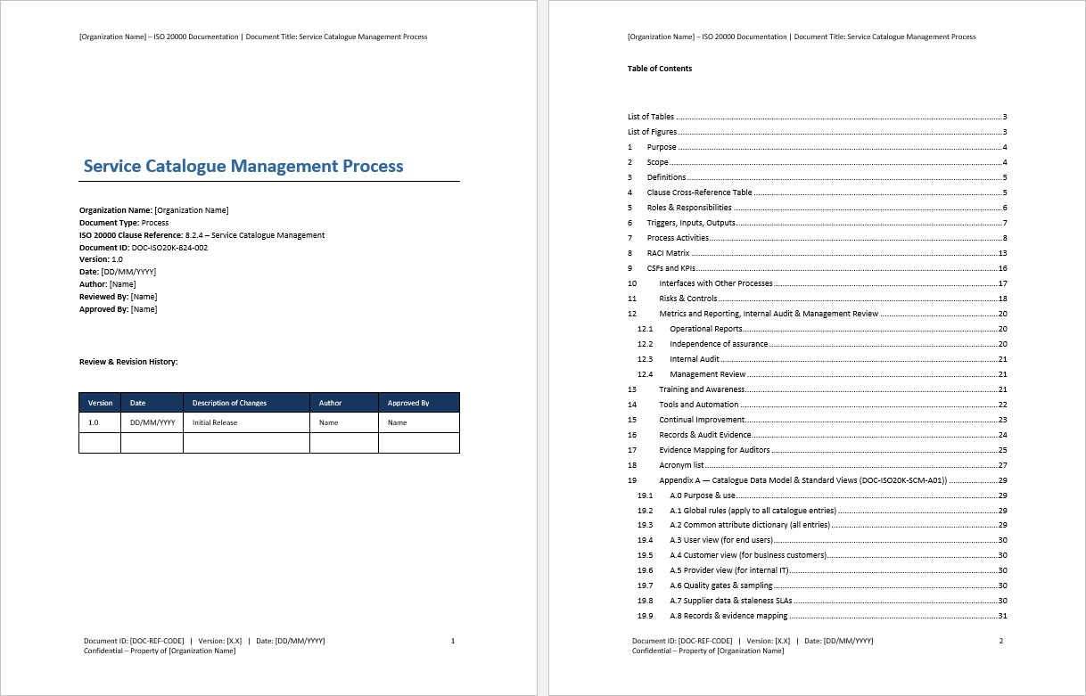 Service Catalogue Management Process (ISO/IEC 20000, ITIL) (0-page Word document) Preview Image