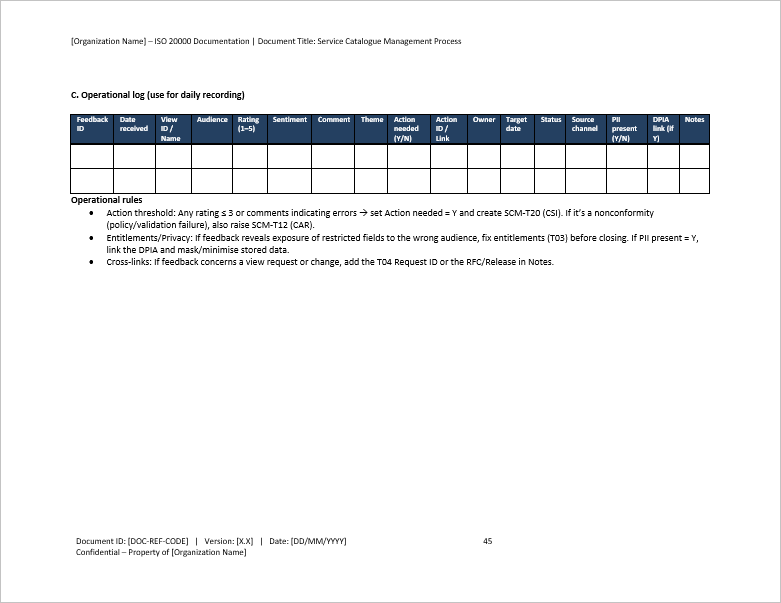 Service Catalogue Management Process (ISO/IEC 20000, ITIL) (0-page Word document) Preview Image