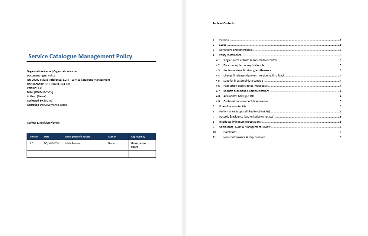 Service Catalogue Management Policy (ISO/IEC 20000, ITIL) (0-page Word document) Preview Image