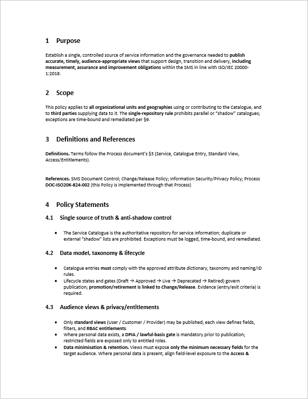 Service Catalogue Management Policy (ISO/IEC 20000, ITIL) (0-page Word document) Preview Image
