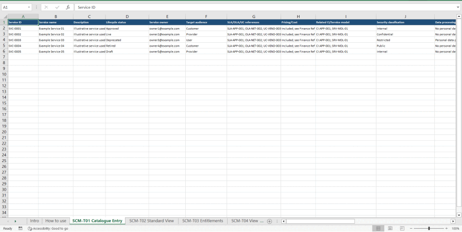 Service Catalogue Management Toolkit (ISO/IEC 20000, ITIL) (Excel template (XLSX)) Preview Image