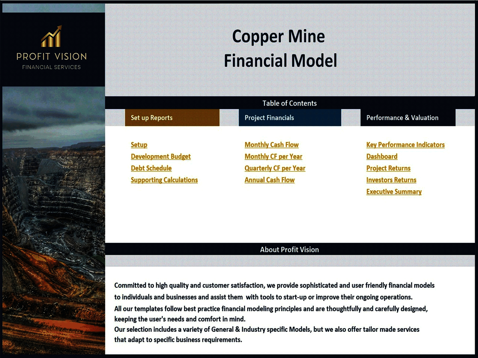Copper Mine Development – Project Finance Model (Excel template (XLSX)) Preview Image