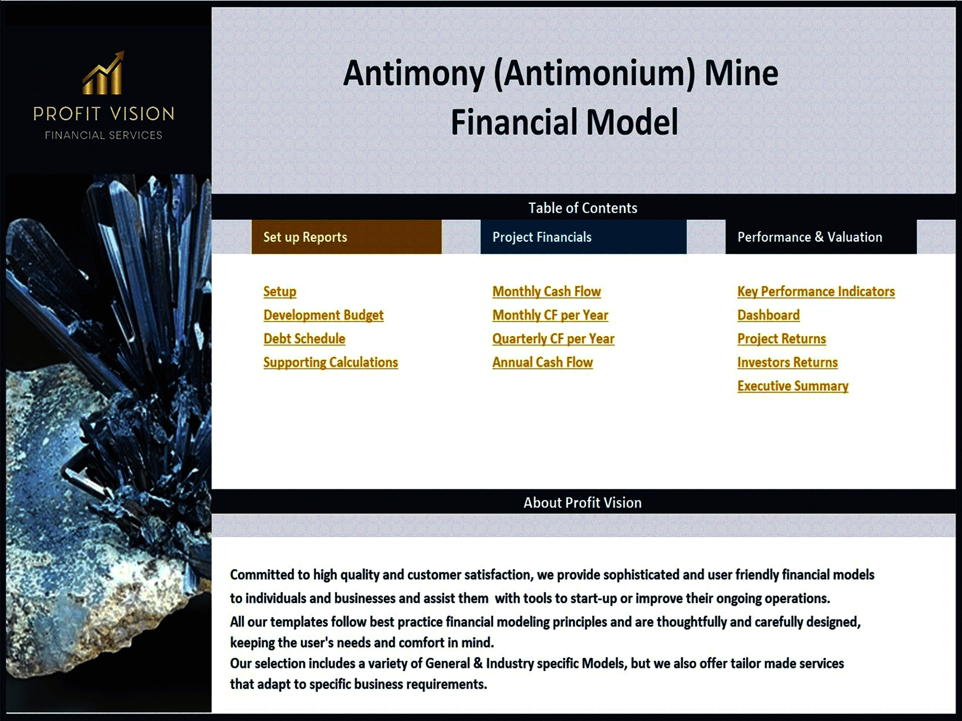Antimony Mine Development – Project Finance Model (Excel template (XLSX)) Preview Image