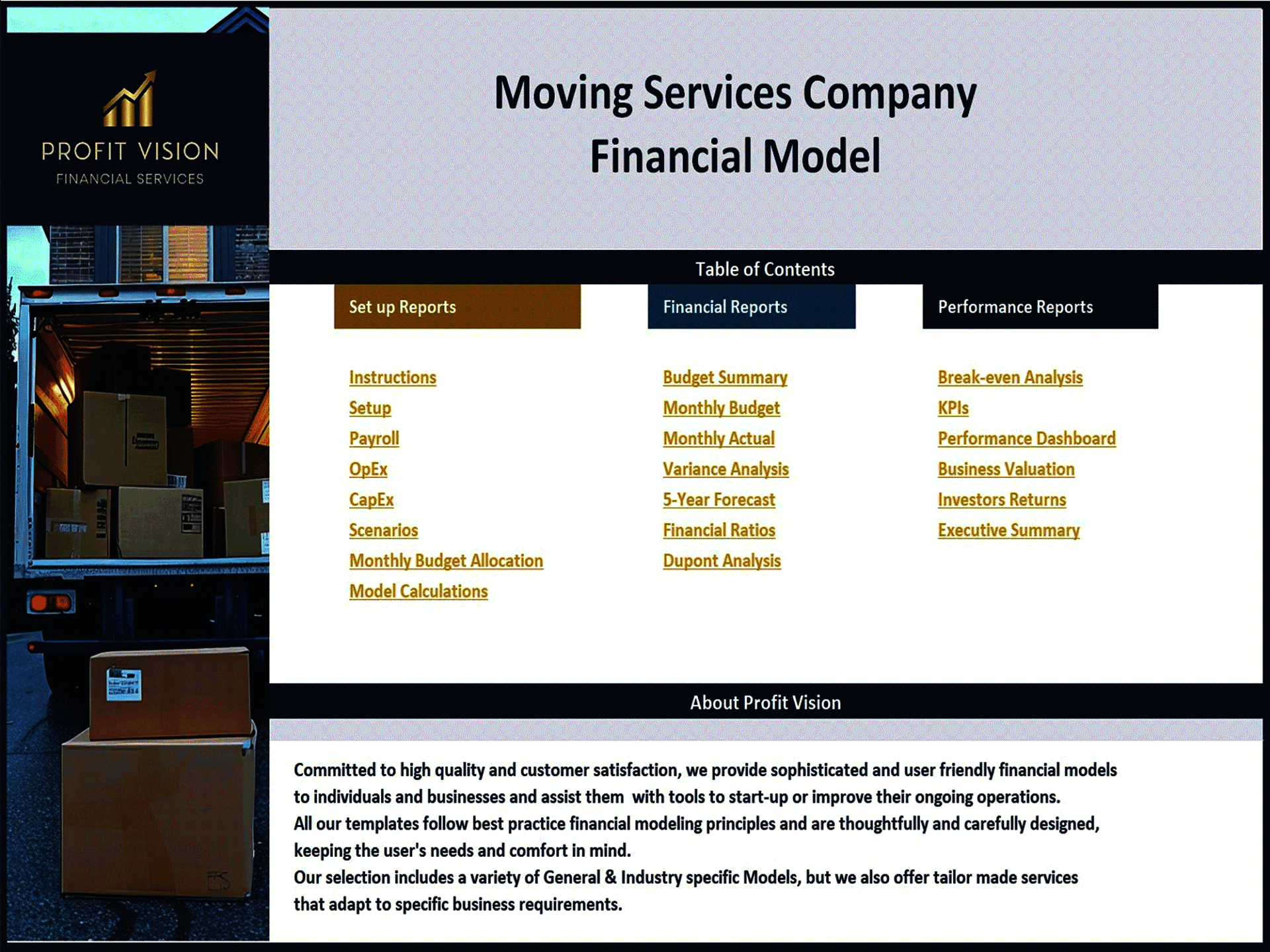 Moving Services Company – 5 Year Financial Model (Excel template (XLSX)) Preview Image
