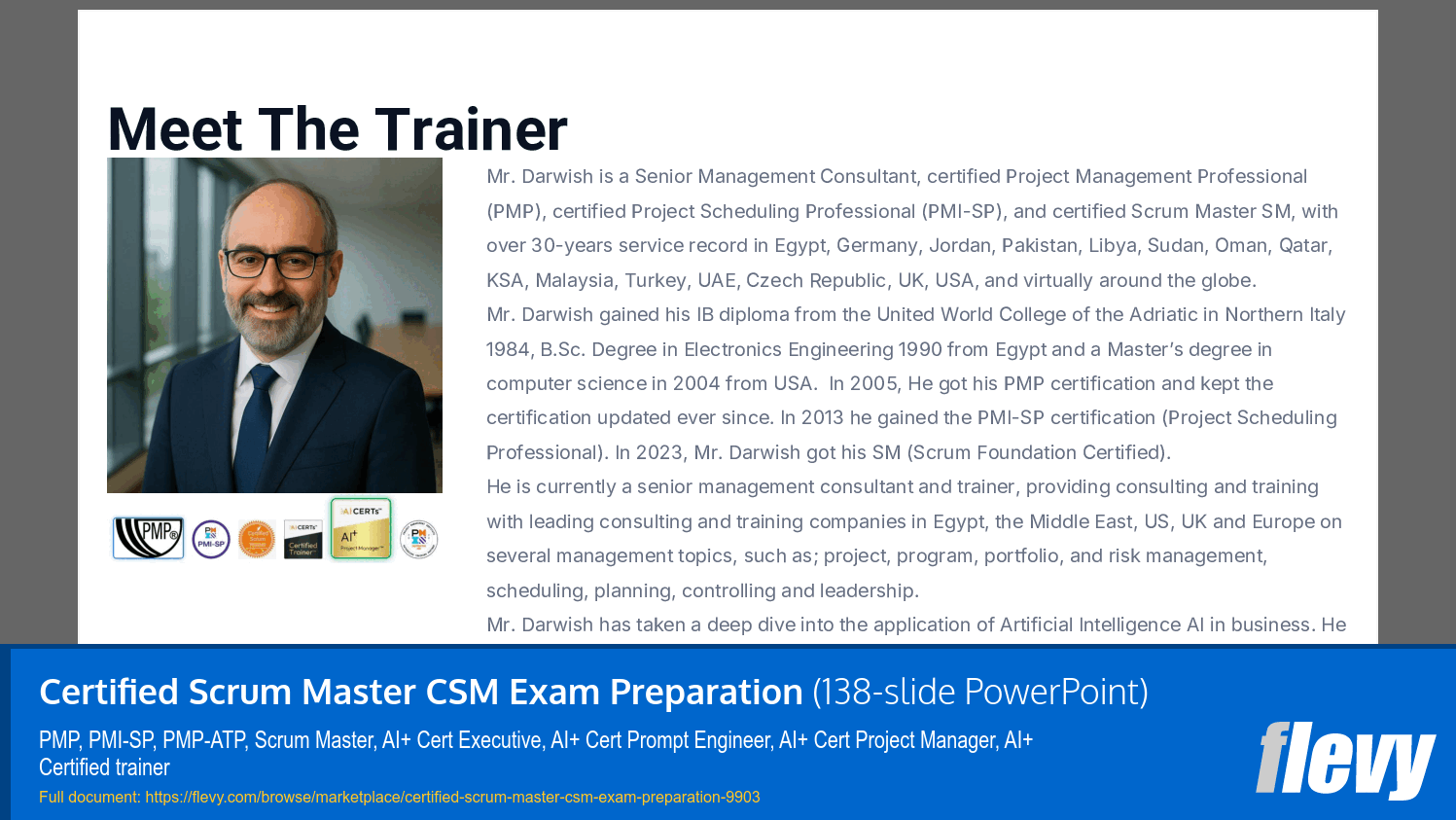 Certified Scrum Master CSM Exam Preparation (138-slide PPT PowerPoint presentation slide deck (PPTX)) Preview Image