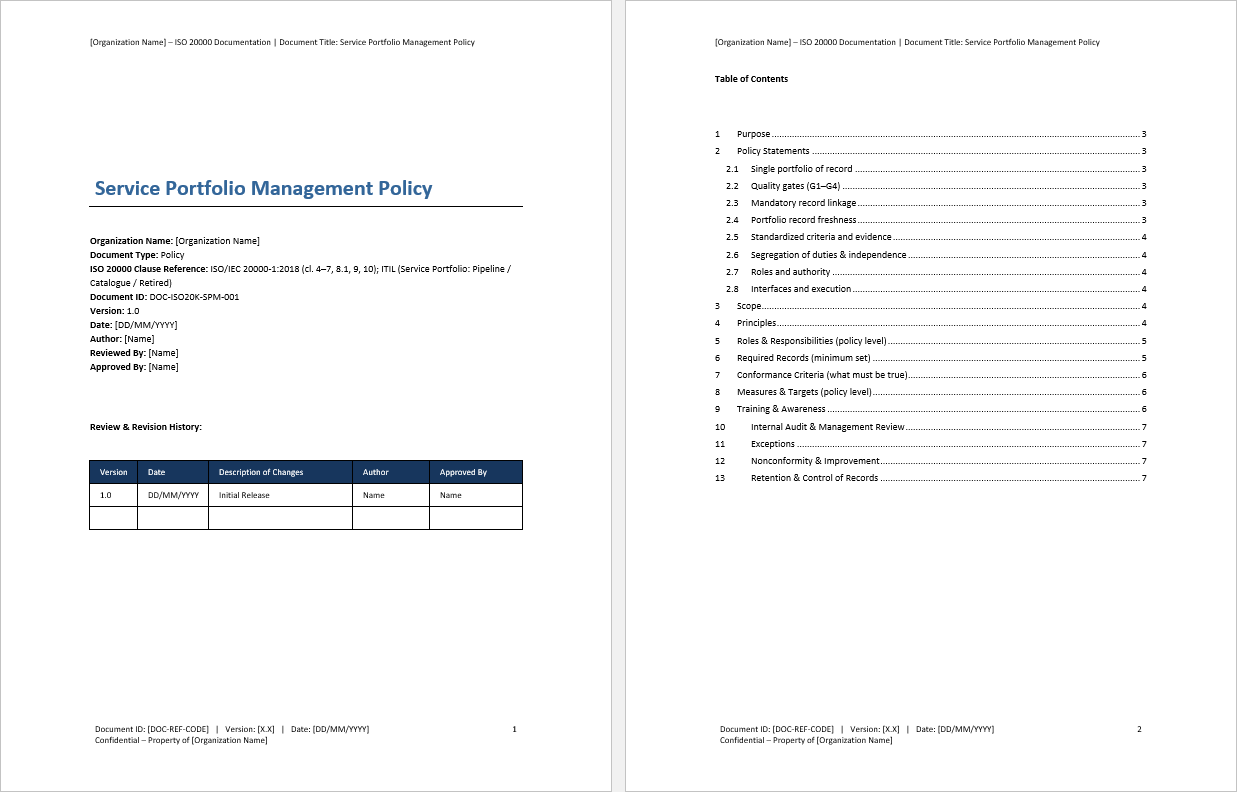 Service Portfolio Management Policy (ISO/IEC 20000, ITIL) (0-page Word document) Preview Image