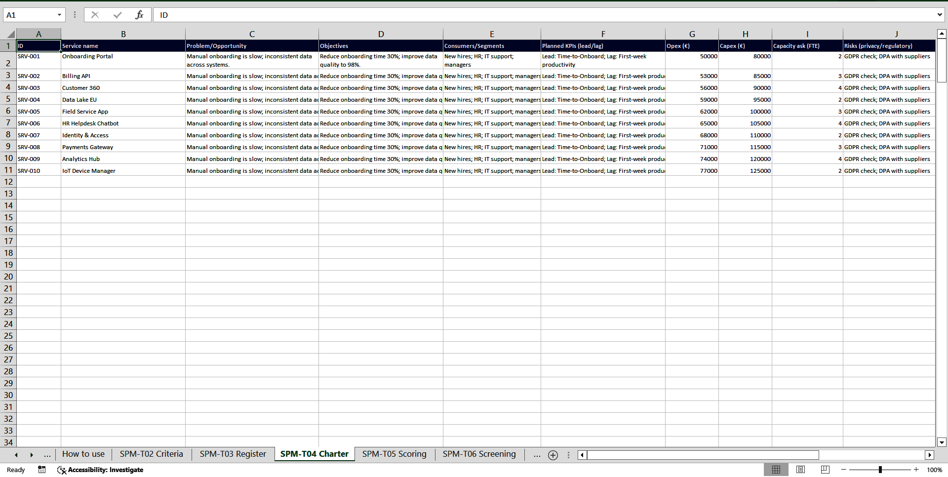 Service Portfolio Management Toolkit (ISO/IEC 20000, ITIL) (Excel template (XLSX)) Preview Image