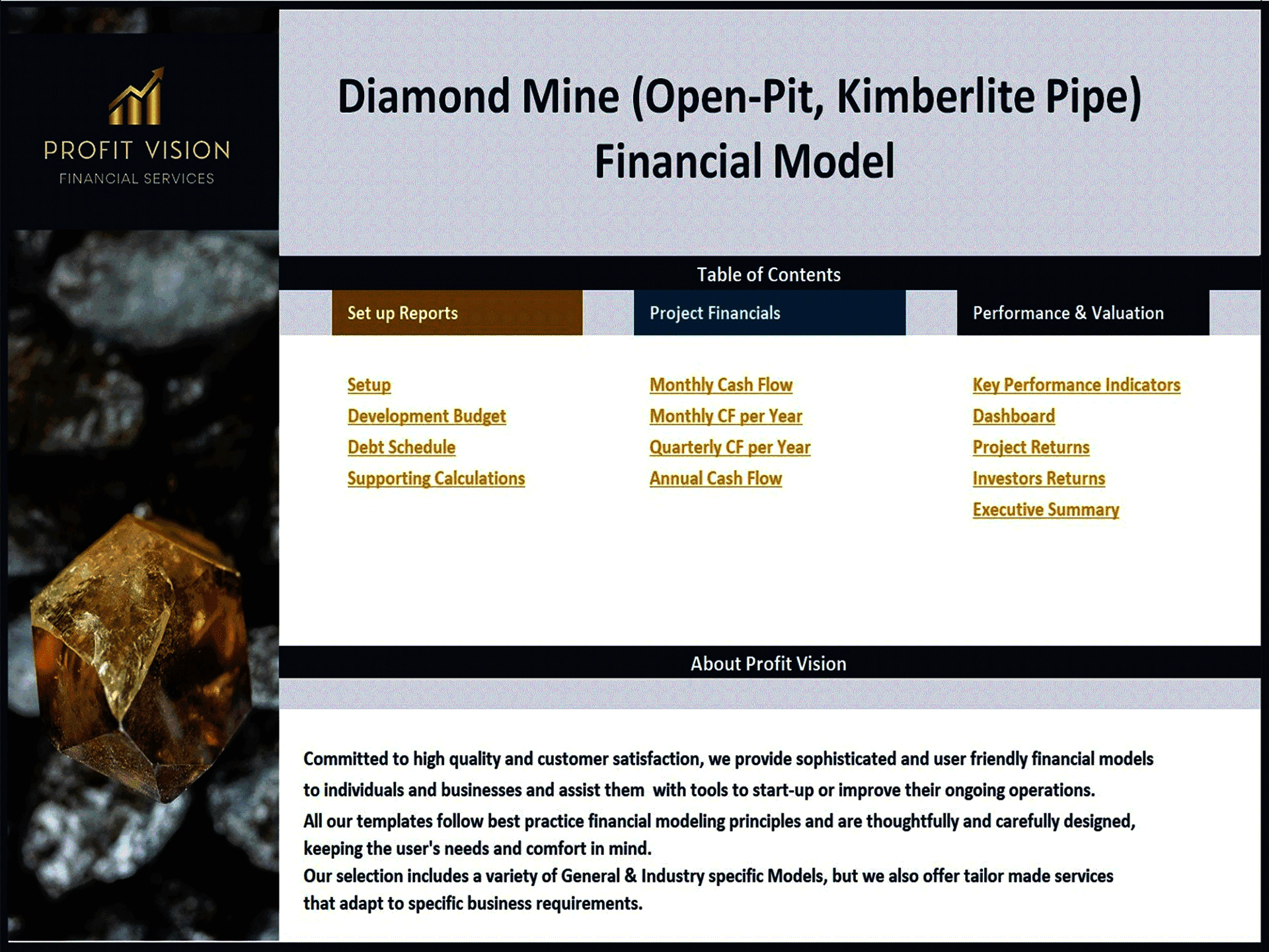 Diamond Mine Development – Project Finance Model (Excel template (XLSX)) Preview Image
