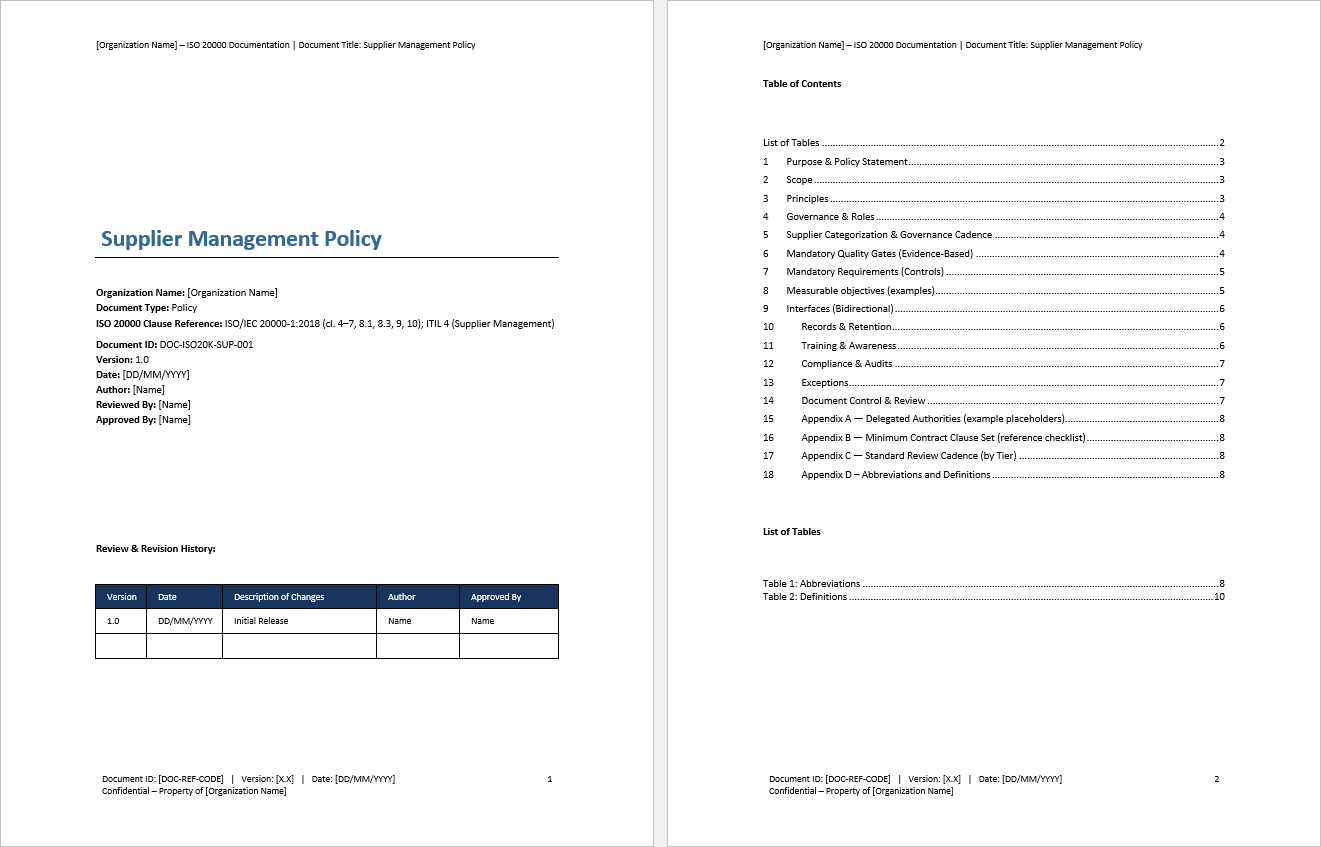 Supplier Management Policy (ISO 20000:2018, ITIL) (0-page Word document) Preview Image