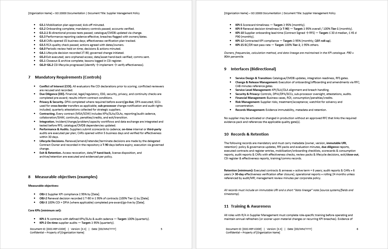 Supplier Management Policy (ISO 20000:2018, ITIL) (0-page Word document) Preview Image