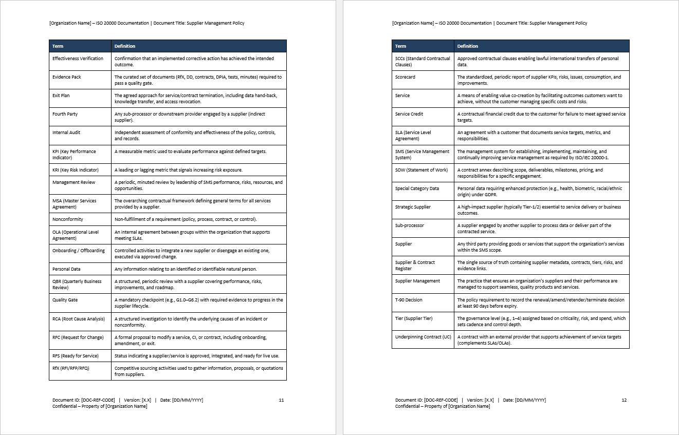 Supplier Management Policy (ISO 20000:2018, ITIL) (0-page Word document) Preview Image