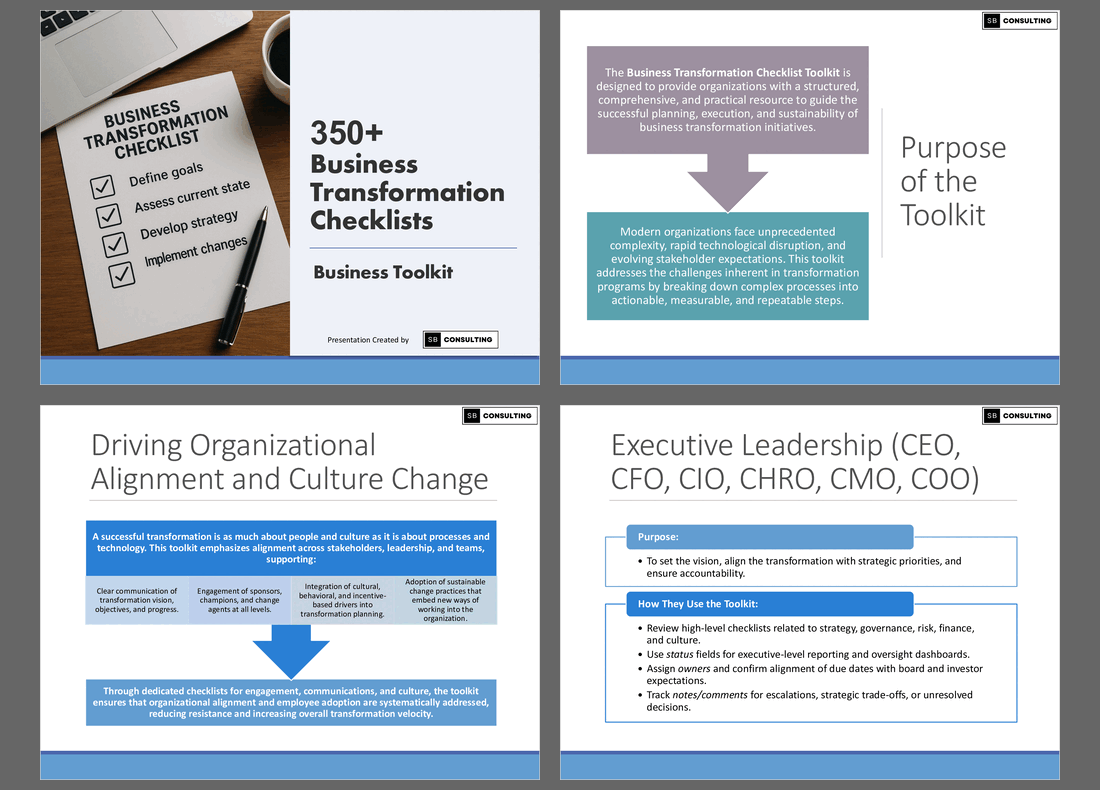 350+ Business Transformation Checklists Toolkit (578-slide PPT PowerPoint presentation slide deck (PPTX)) Preview Image