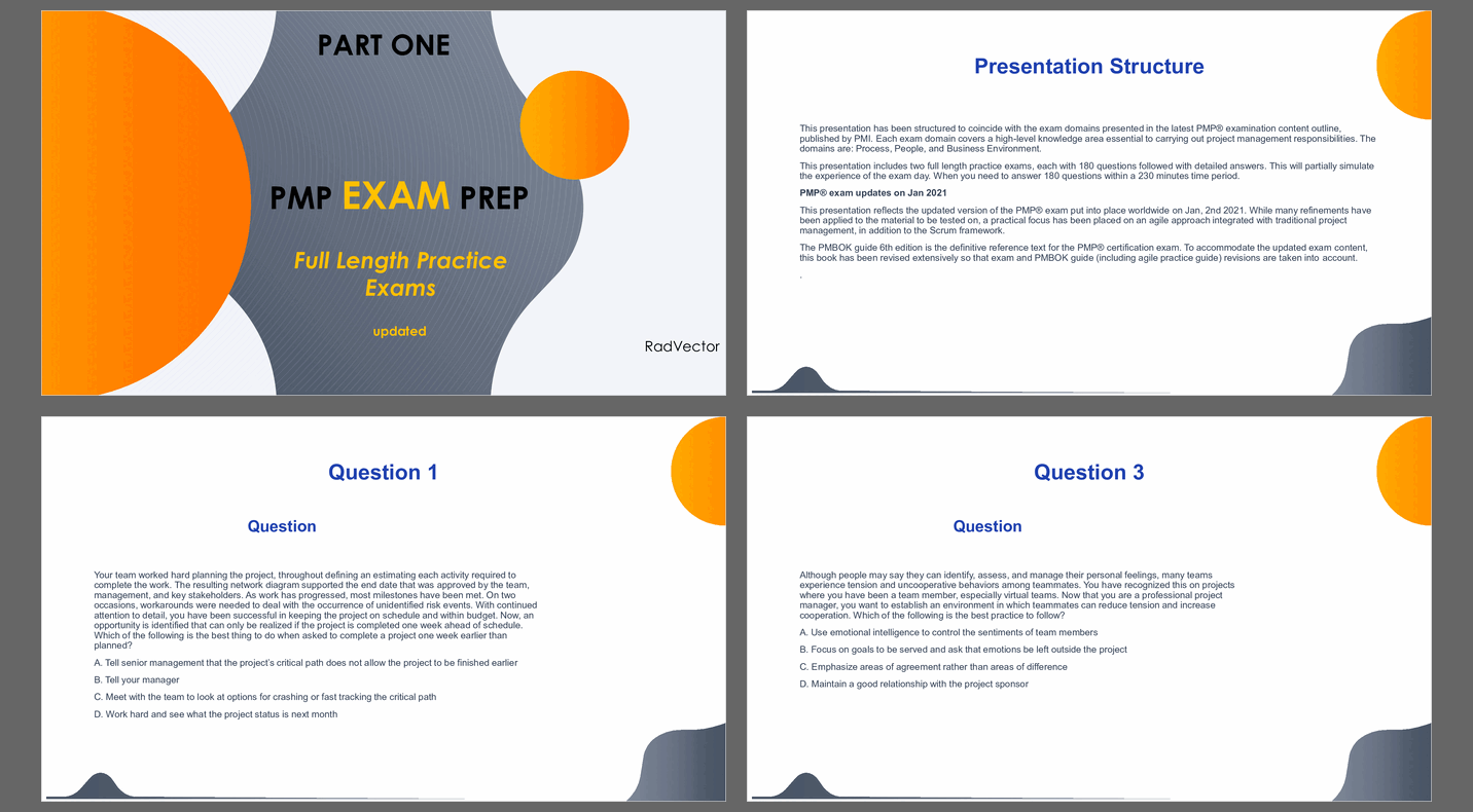 PMP Exam Questions - Part One (726-slide PPT PowerPoint presentation slide deck (PPTX)) Preview Image