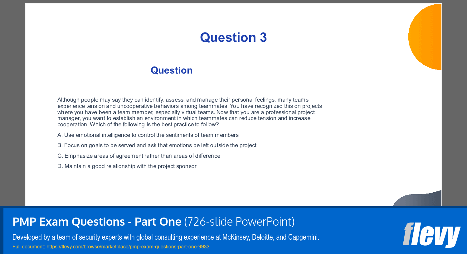 PMP Exam Questions - Part One (726-slide PPT PowerPoint presentation slide deck (PPTX)) Preview Image