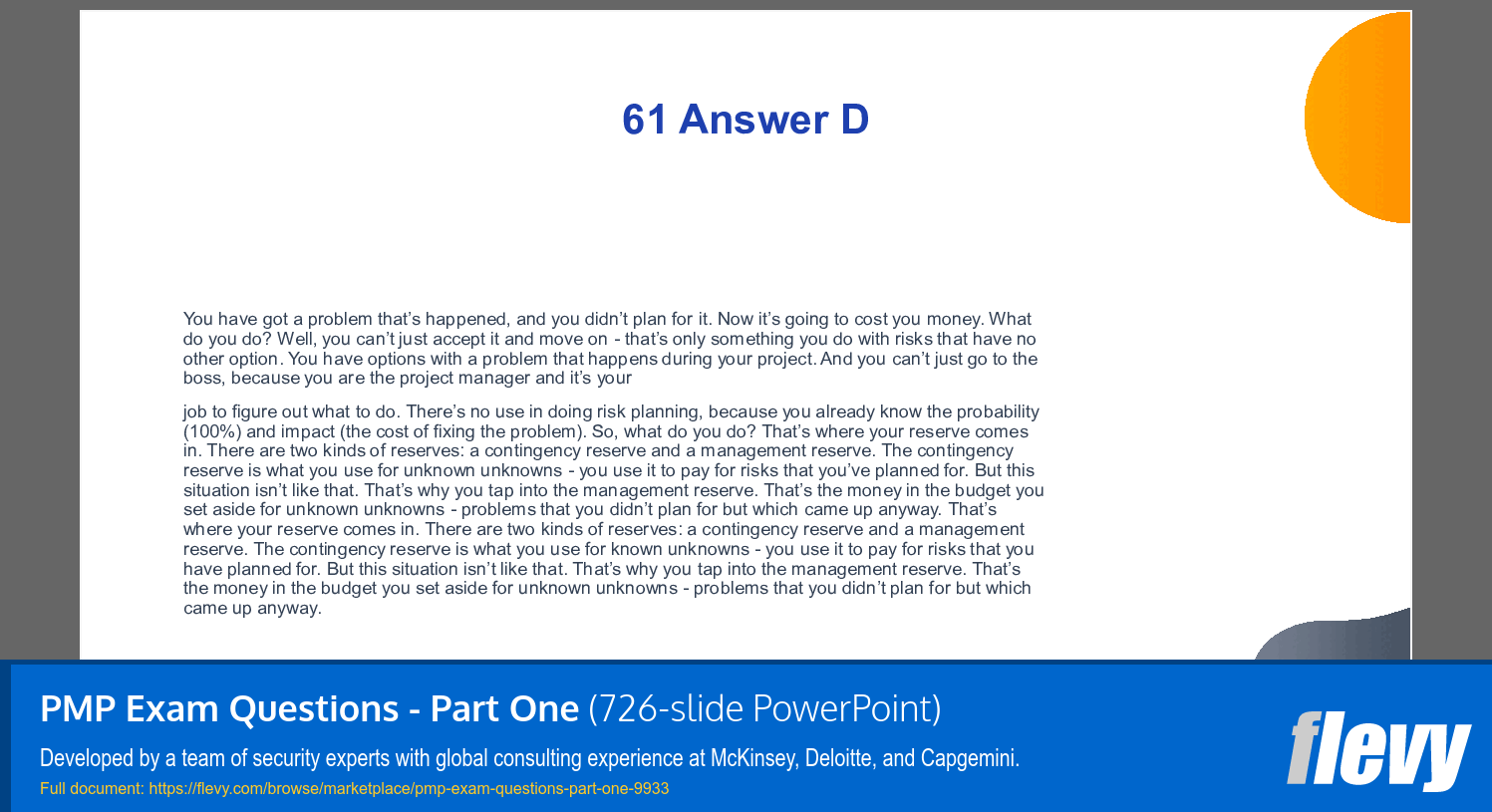 PMP Exam Questions - Part One (726-slide PPT PowerPoint presentation slide deck (PPTX)) Preview Image