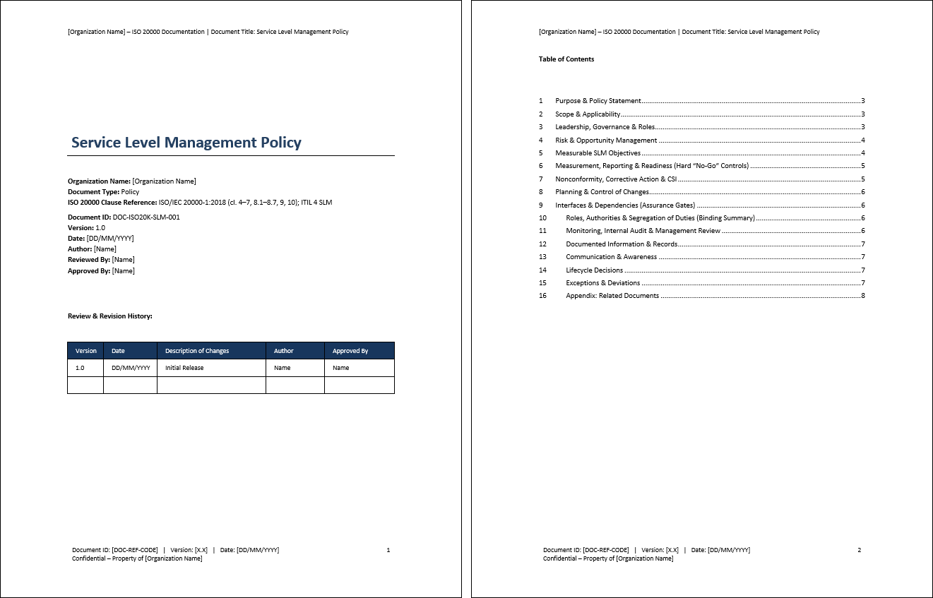 Service Level Management Policy (ISO 20000-1:2018, ITIL) (0-page Word document) Preview Image