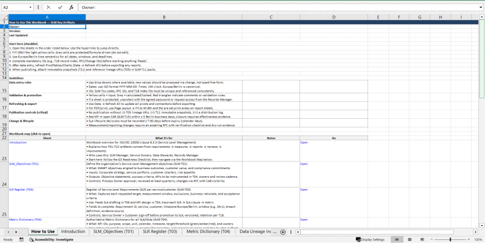 Service Level Management Toolbox (ISO 20000, ITIL) (Excel template (XLSX)) Preview Image