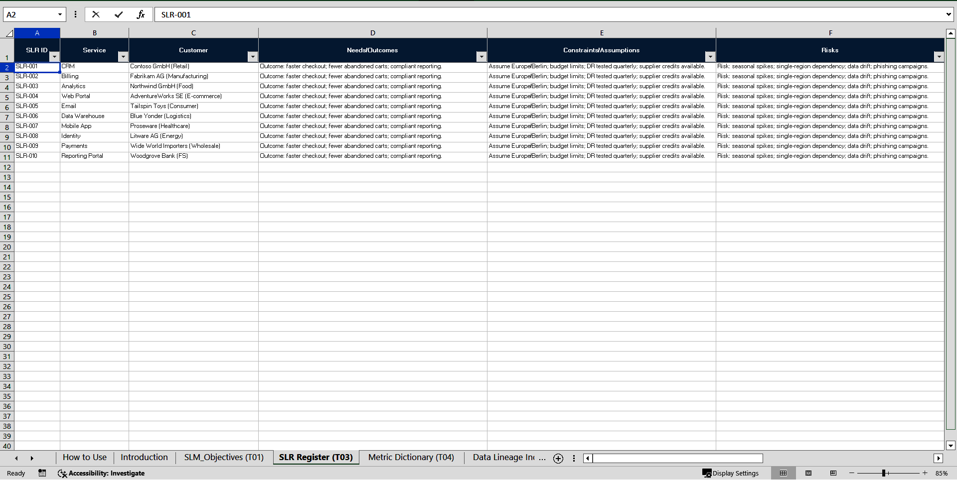 Service Level Management Toolbox (ISO 20000, ITIL) (Excel template (XLSX)) Preview Image
