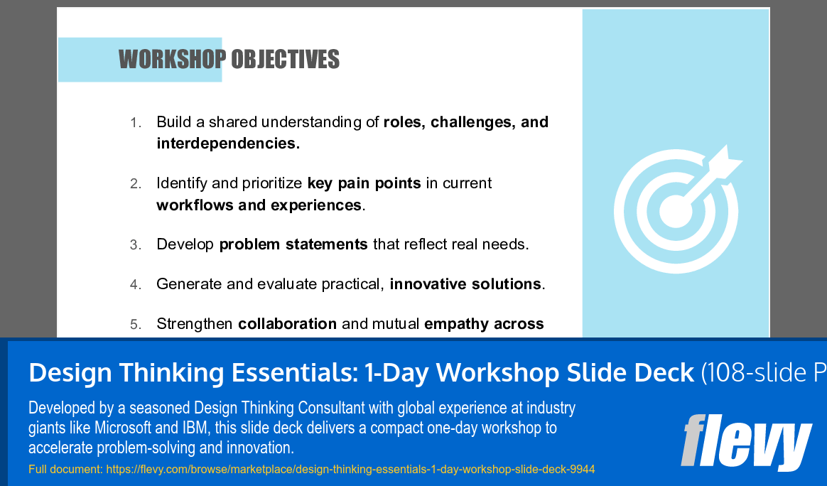 Design Thinking Essentials: 1-Day Workshop Slide Deck (108-slide PPT PowerPoint presentation slide deck (PPTX)) Preview Image