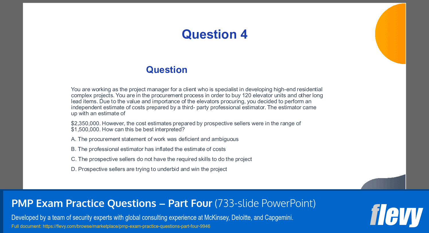 PMP Exam Practice Questions – Part Four (733-slide PPT PowerPoint presentation slide deck (PPTX)) Preview Image