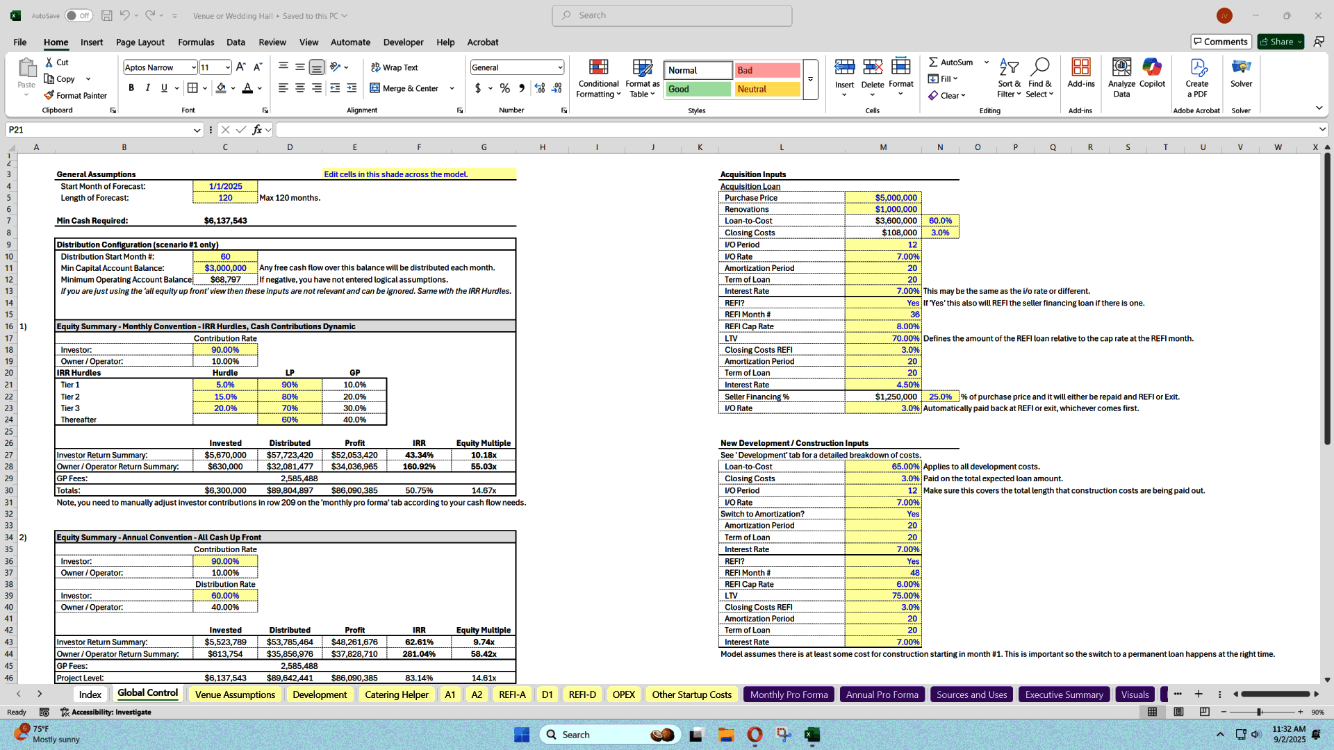 Event Space Investment Model (Hospitality + Property) (Excel template (XLSX)) Preview Image