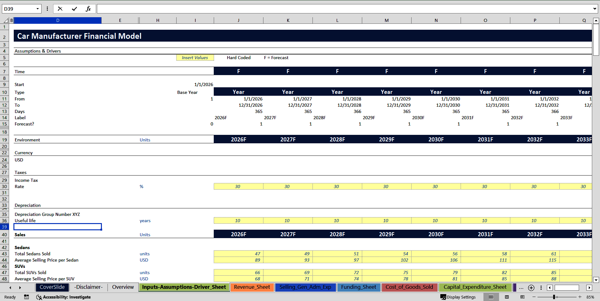 Car Manufacturer - 10 Year Financial Model (Excel template (XLSX)) Preview Image