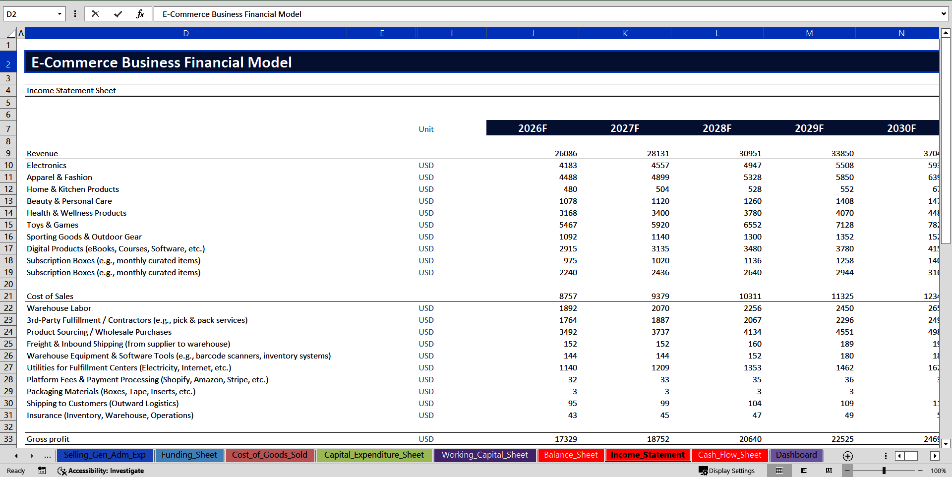 E-Commerce Business - 10 Year Financial Model (Excel template (XLSX)) Preview Image