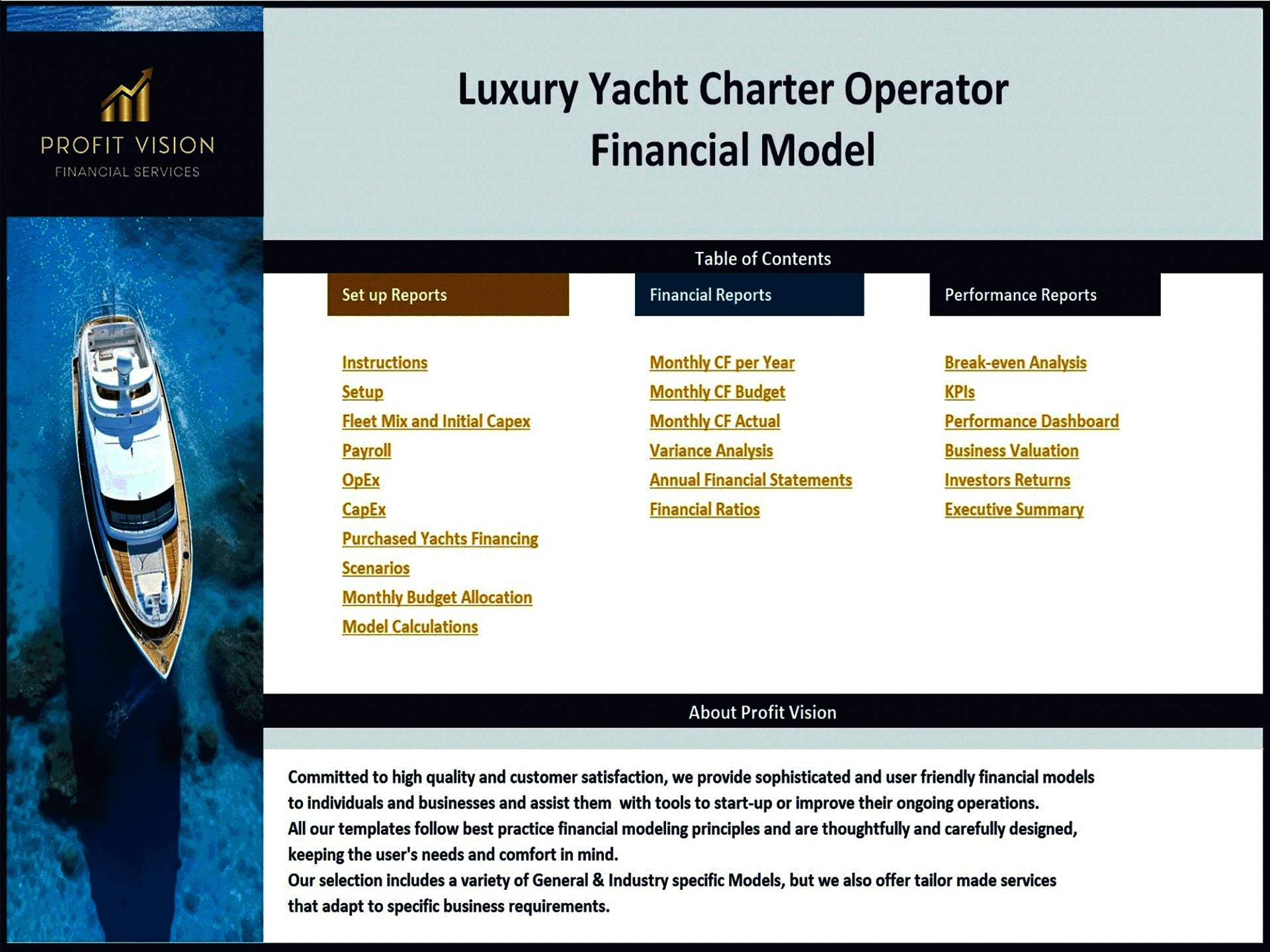 Luxury Yacht Charter Operator – 10 Year Financial Model (Excel template (XLSX)) Preview Image
