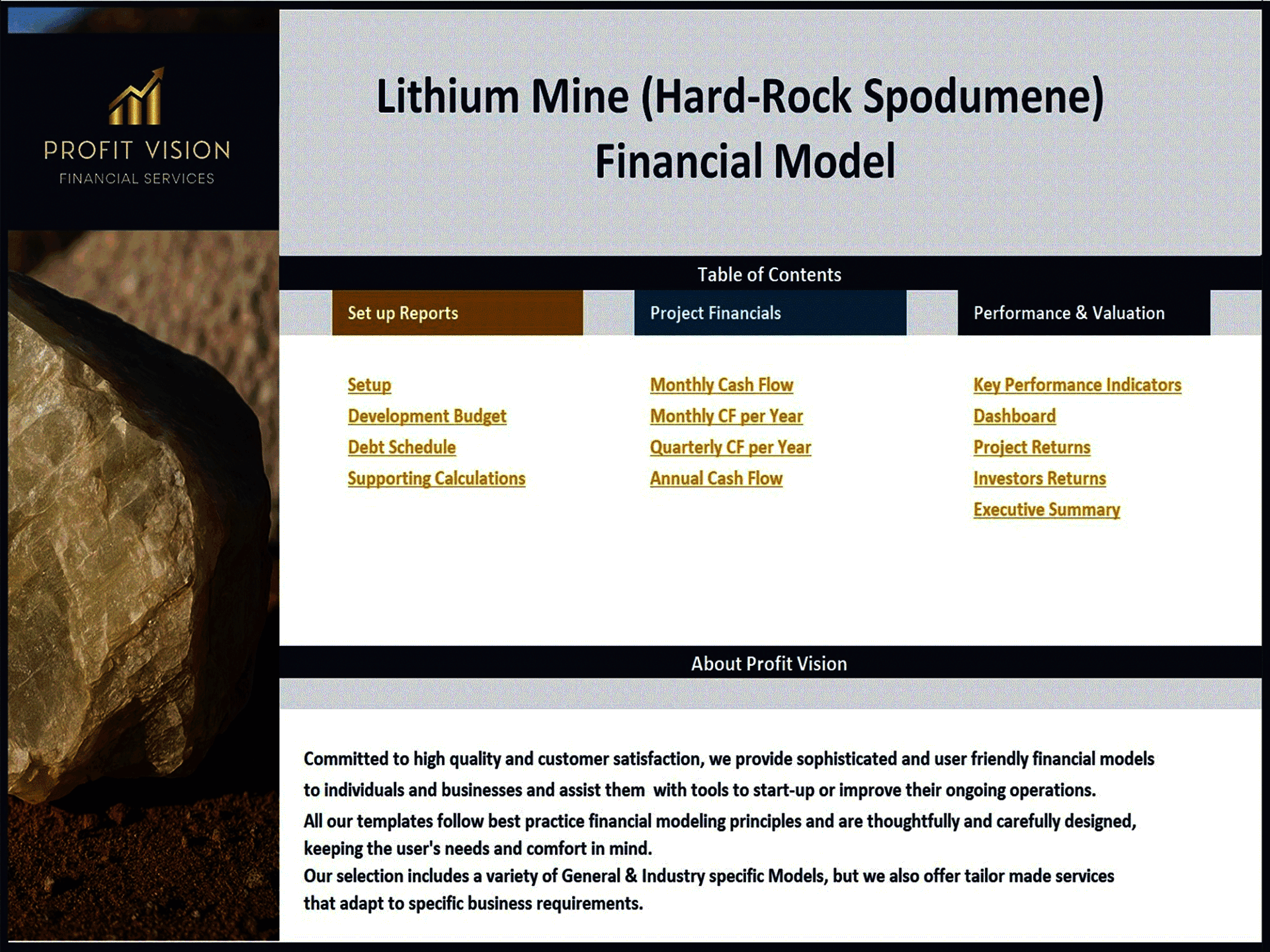 Lithium Mine Development – Project Finance Model (Excel template (XLSX)) Preview Image
