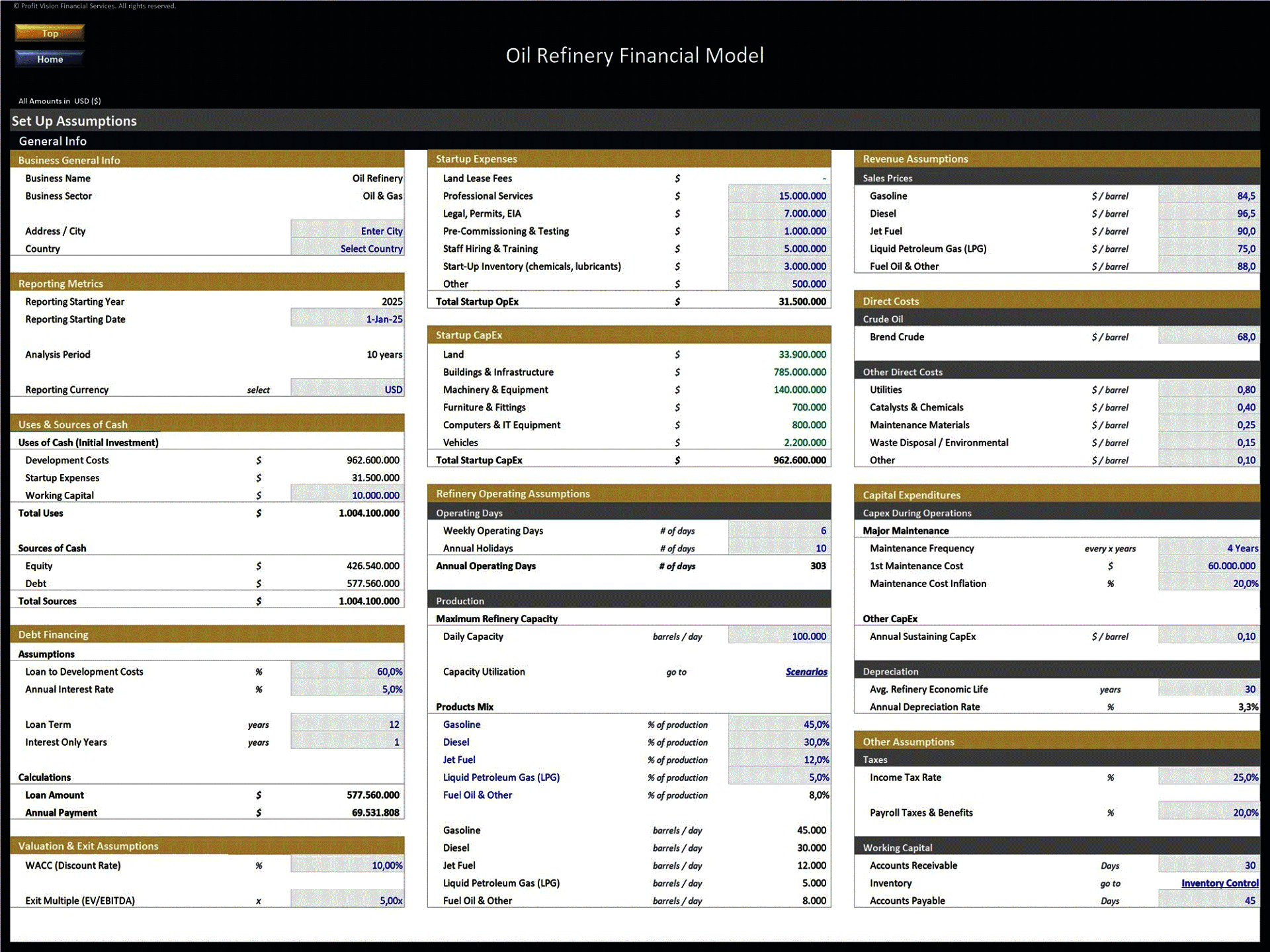 Oil Refinery – 10 Year Financial Model (Excel template (XLSX)) Preview Image