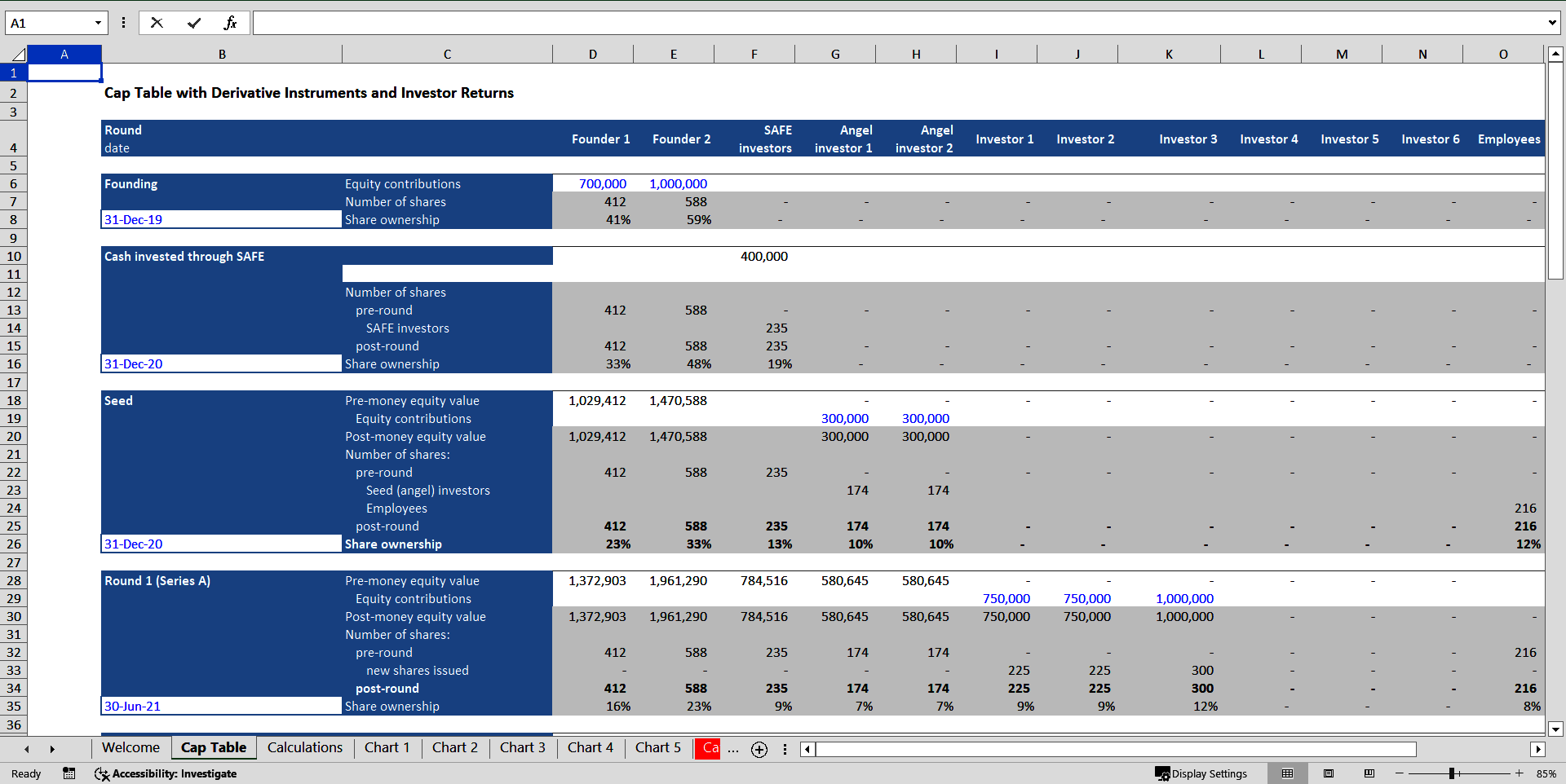 Cap Table with Derivative Instruments, Returns and Charts (Excel template (XLSX)) Preview Image