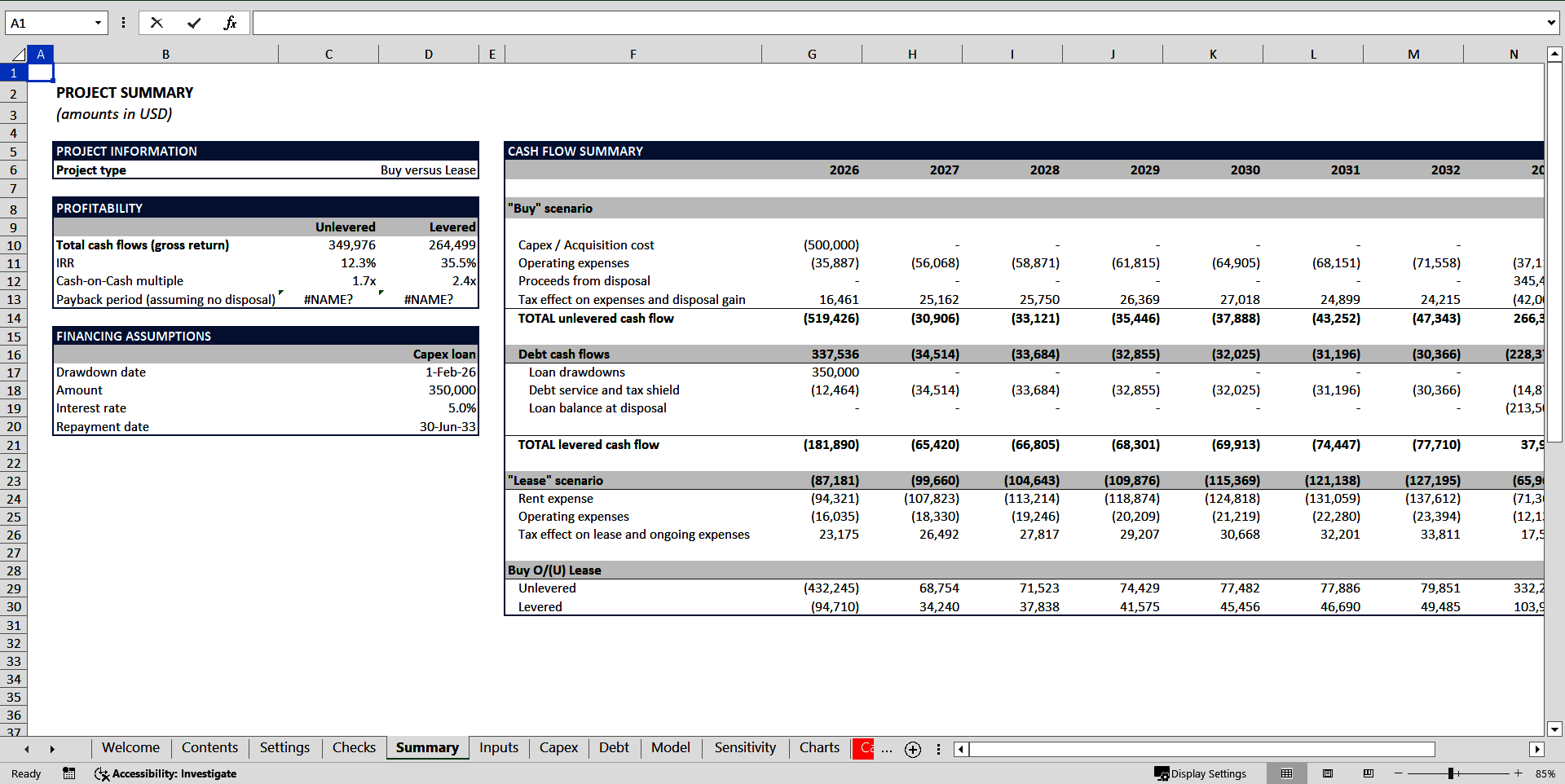 Buy versus Lease Financial Model (Excel template (XLSX)) Preview Image