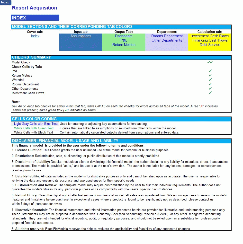 Resort Acquisition & Renovation Financial Model (Excel template (XLSX)) Preview Image