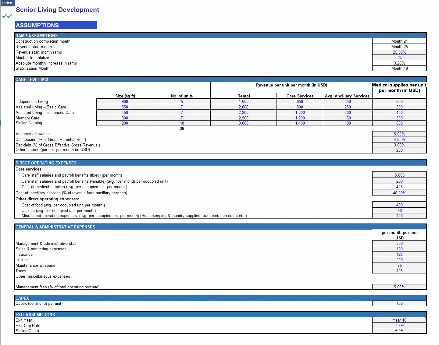 Senior Living Development Financial Model (Excel template (XLSX)) Preview Image